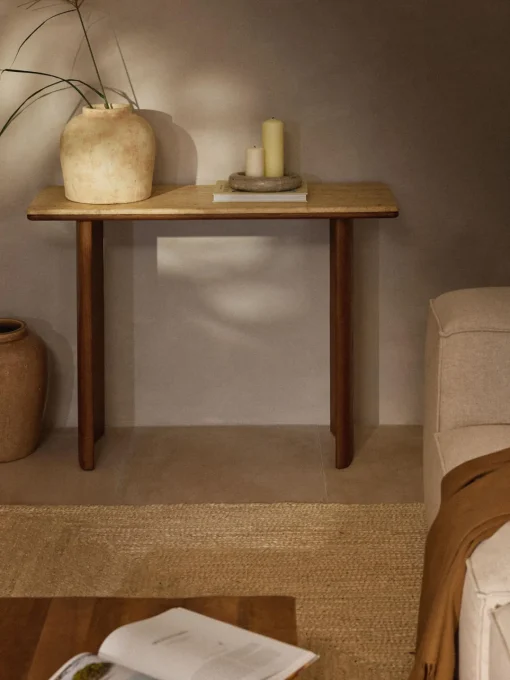 Westwing Collection Consola de madera de roble con tablero de travertino Chandler