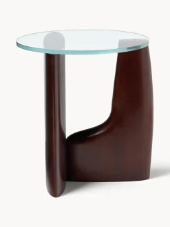 Westwing Collection Mesa auxiliar redonda de madera con tablero de vidrio Miya
