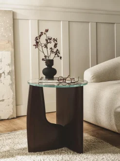 Westwing Collection Mesa auxiliar redonda de madera con tablero de vidrio Miya