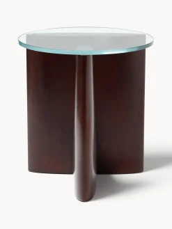 Westwing Collection Mesa auxiliar redonda de madera con tablero de vidrio Miya