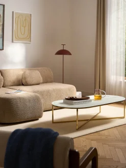 Westwing Collection Mesa de centro ovalada con tablero de vidrio en look mármol Antigua