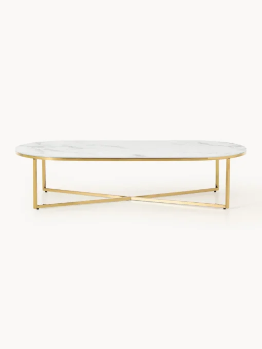 Westwing Collection Mesa de centro ovalada con tablero de vidrio en look mármol Antigua