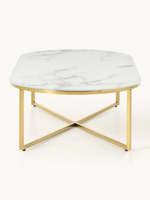 Westwing Collection Mesa de centro ovalada con tablero de vidrio en look mármol Antigua