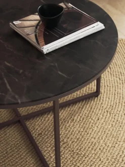 Westwing Collection Mesa de centro redonda con tablero de vidrio en look mármol Antigua