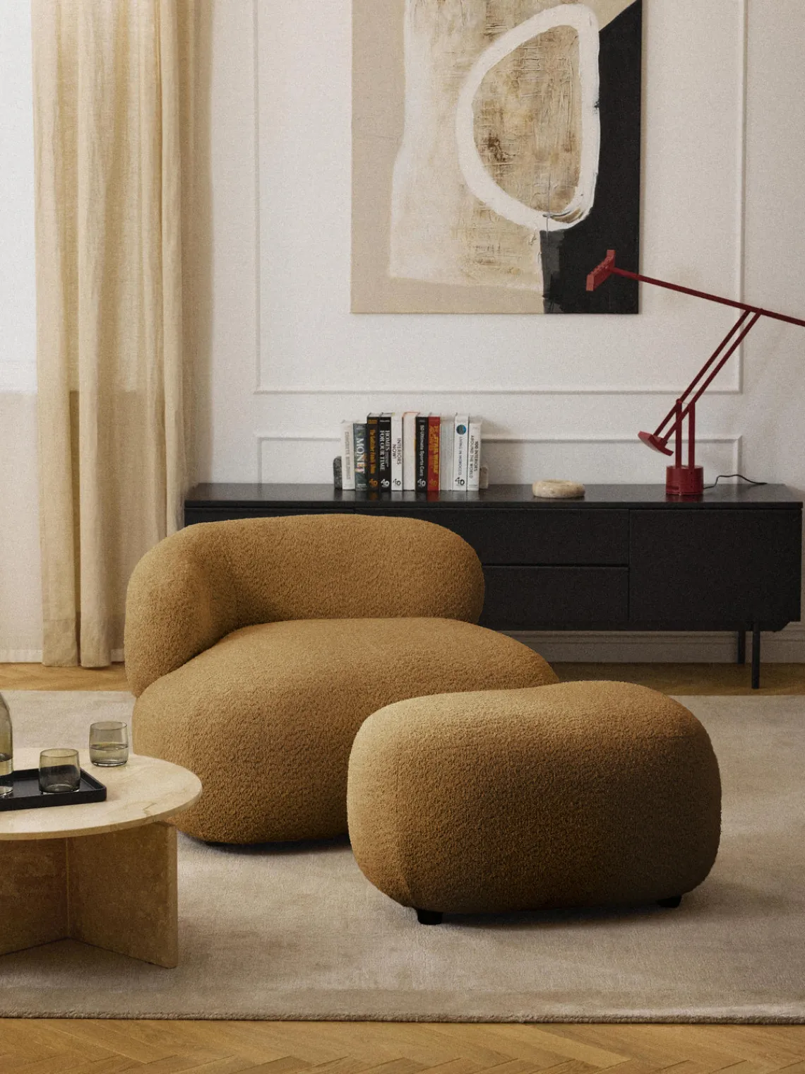 Westwing Collection Puf reposapiés de borreguillo bouclé Alba^ Reposapiés|Sofás
