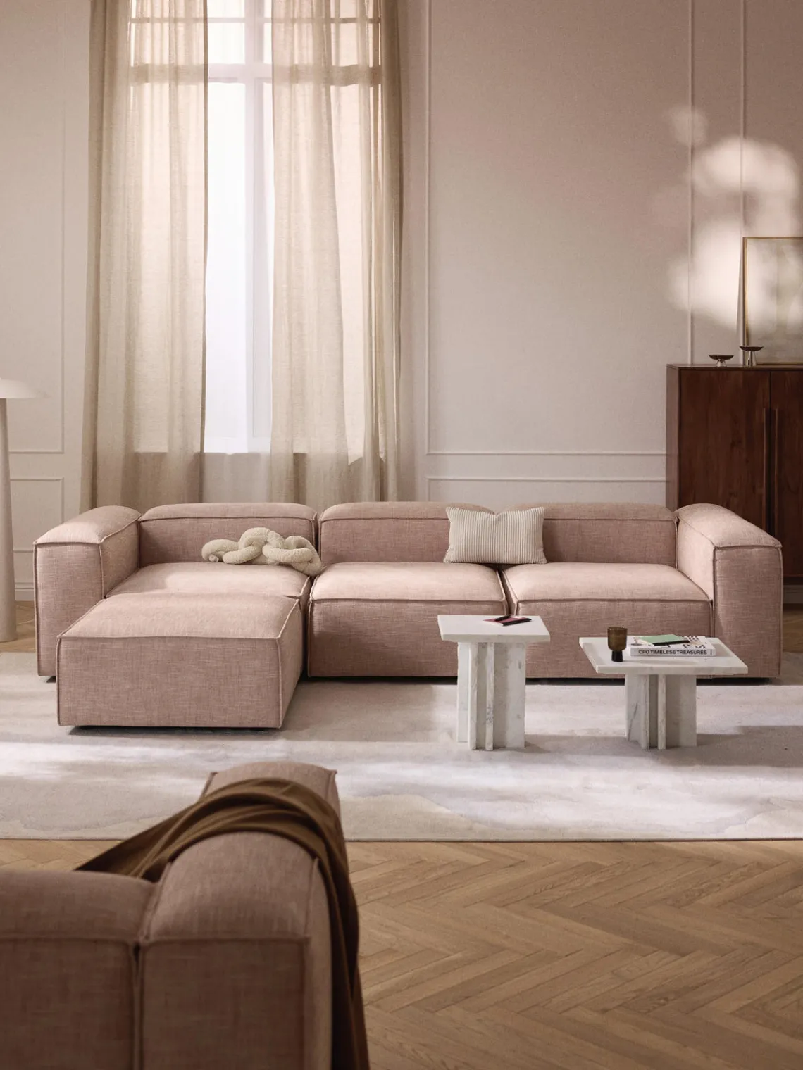 Westwing Collection Sofá rinconera modular de mezcla de lino con reposapiés izquierdo/derecho Lennon (4 plazas)